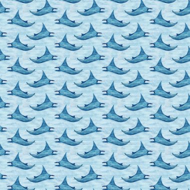 Manta ışını dalgası suluboya deseni mavi arka planda. Not defterleri, posterler, duvar kağıtları, tekstil, plaj havlusu, ambalaj kağıdı ve oda dekorasyonu için yüksek kaliteli el yapımı monokromatik çizimler