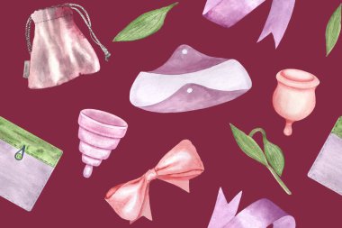 A period pad, menstrual cups, cover, ribbon watercolor seamless pattern on burgundy background. Menstrual protection items. Ideal for packaging, website background. Sustainable lifestyle choices of clipart