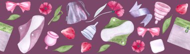 A period pad, a fabric pouch, a menstrual cup, ribbons petals watercolor seamless border on purple background. Great for eco-friendly menstrual care design, packaging, tape. Sustainable lifestyle. clipart