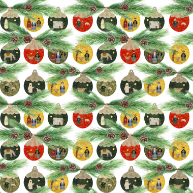 Noel ağacı İsa 'nın doğumu dekoratif balosu. Çam ağacının pürüzsüz desenli. Suluboya ile izole edilmiş. Tekstil, ambalaj kağıdı, Noel, kart, çıkartma, poster, gelişim.