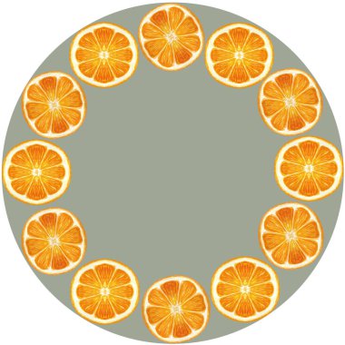 Parlak turunçgiller, soluk yeşil arka planda suluboya çerçeveli turuncu dilimler. Paketler, kartlar, posterler, kırtasiye, menü, yemek logosu, Noel tasarımı için yüksek kaliteli el çizimi sanatı.