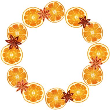 Parlak turunçgil, beyaz arka planda izole edilmiş suluboya ile yıldız anason yuvarlak çerçeveli turuncu dilimli. Paketler, kartlar, posterler, menü, logo, Noel tasarımı, aroma çelengi için yüksek kaliteli el çizimi sanatı