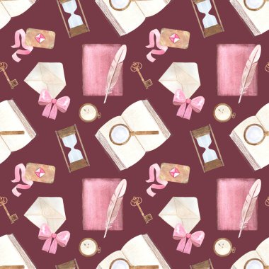 Kitap, tüy kalem, zarf, antika anahtar, cep saati, bordo arka plandaki kum saati suluboya antika koleksiyonu. El boyaması elementler kartlar, afişler, posterler, sabit dekorlar için mükemmeldir.