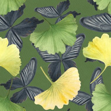 Ginkgo canlı yapraklar, siyah kelebek kanatları dokulu yeşil arka planda pürüzsüz desen. El boyaması detaylı suluboya tekstil, albüm kağıdı, ambalaj kağıdı, paket tasarımı için mükemmel..