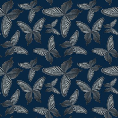 Siyah Kırlangıç Kelebeği el, koyu mavi arka planda dikişsiz suluboya deseni çizdi. Kupür defteri, ambalaj kağıdı, eşarp, el çantası, tekstil, kırtasiye, kart tasarımı için mükemmel. Koyu.