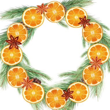 Parlak turunçgil, portakal dilimi, yıldız anason ve köknar dalları beyaz arka planda izole edilmiş suluboya çerçevesi. Paketler, kartlar, menü, logo, Noel tasarımı, aroma çelengi için el çizimi çizimi.