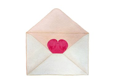 Açık bir zarfın içindeki kırmızı kalp beyaza izole edilmiş. Elle boyanmış suluboya resim. Sevgililer günü için mükemmel, aşk kartları, posterler, blog yazıları, etiket paketleri, e-posta dekorları. Dökümlü klip sanatı.