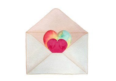 Beyaz üzerine izole edilmiş açık bir zarfta kırmızı ve gökkuşağı kalpleri. Elle boyanmış suluboya resim. Sevgililer günü, aşk kartları, blog yazıları, etiket paketleri, e-posta dekorları için mükemmel. Dökümlü klip sanatı.