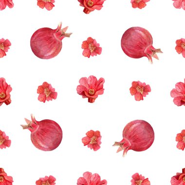 Nar çiçekleri ve meyveler sulu boya desenleri beyaza izole edilmiş. El yapımı canlı sanat eserleri botanik baskılar, ambalaj kağıdı, tekstil ve dekor için mükemmel. Yaz sonbahar klip sanatı.