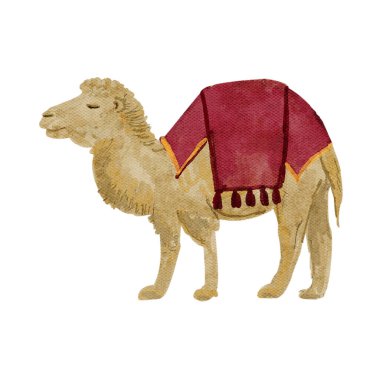 Kırmızı eyerli bir deve, suluboya resimli bir battaniye. Kartlar, posterler, çıkartmalar, kasetler, gerçek Noel kutlamaları için el boyaması sanat eserleri. Sevimli minimalist klip sanatı.