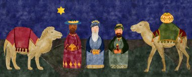 Hediyeleri ve develeri olan üç bilge adam Noel İsa 'nın doğumu sahnesini koyu dokulu arka planda dijital suluboya ile sınırlıyor. El boyama sanatı tekstil, ambalaj, kart, bant, dekorasyon için mükemmeldir..