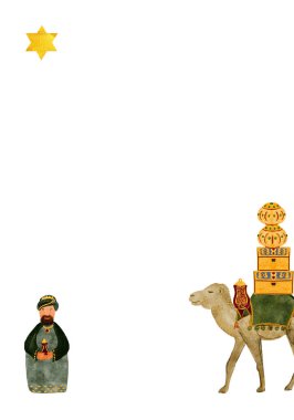 Wise man and a camel with gifts, gold, Christmas watercolor composition. Hand painted art for card, posters, stickers, tape, decoration for celebration of true Christmas. Cute minimalistic clip art. clipart