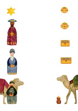 Bilge adamlar ve hediyeli bir deve, altın, mür, yılbaşı suluboya dikey kartlı tütsü. Posterler, çıkartmalar, gerçek Noel kutlamaları için el boyaması sanat eserleri. Klip sanatı.