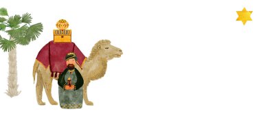 Wise man and a camel with gifts, gold, myrrh, frankincense Christmas watercolor card. Hand painted art for invitations, posters, stickers, banners, celebration of true Christmas. Cute clip art. clipart