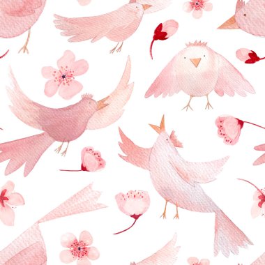 Sakura flowers and birds in different poses, monochromatic hand painted watercolor seamless border isolated on white. High quality pink art perfect for children design, wrapping paper, women textile clipart