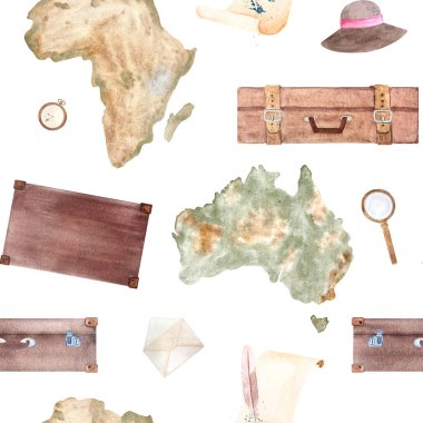 Çantalar, Avustralya parşömeni, Afrika haritası, güneş şapkası, büyüteç, beyaza izole edilmiş dikişsiz suluboya deseni. El çizimi, hatıra dekorasyonu, tasarım, ambalaj kağıdı. Eski