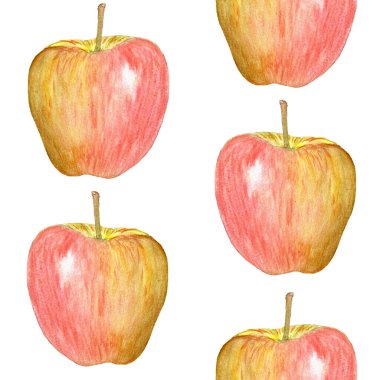 Parlak bir elmanın yarım damlası beyaza izole edilmiş. Elle boyanmış suluboya sanat mutfak tasarımları, baskılar, paketler, meyve suyu, hasat temalı dekor, meyve reklamları, ambalaj kağıdı için mükemmeldir..