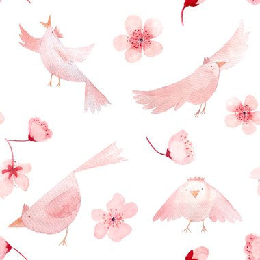 Sakura flowers and birds in different poses, monochromatic hand painted watercolor seamless border isolated on white. High quality pink art perfect for children design, wrapping paper, women textile clipart