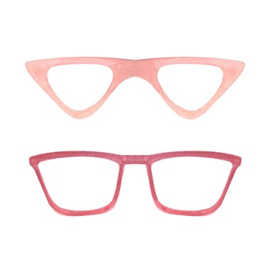 Pembe Kedi Gözü ve dikdörtgen gözlükler beyaza izole edilmiş suluboya çizimi. El çizimi yüksek kalite sanat paketler, tıbbi bilgiler, moda tasarımı ve ürünler, reklamlar, blog yazıları için mükemmel.