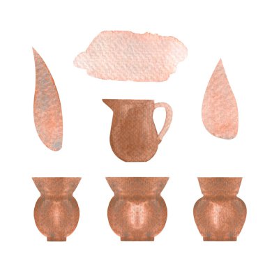 Pots, clay jars, rusty metal antique watercolor wash illustration set isolated on white background, hand drawn design elements. Perfect for cards, decor, label and logos, souvenir decor. Ancient clip clipart