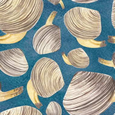 Clams in a shell watercolor seamless pattern on blue background. High quality hand-drawn clip art for notebooks, cook book, recipe cards, menu, stickers, tourism, dishes, ads and packaging design. clipart