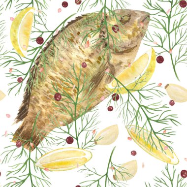 Fried sea bream fish lemon, dill, garlic, salt and pepper watercolor seamless pattern isolated on white. High quality illustration for baking paper, fishing, recipe book, blog posts, kitchen design. clipart