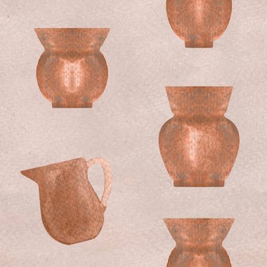 Tencereler, kil kavanozlar, paslı antik suluboya çizimler, esmer arka planda dikişsiz desenler, el yapımı tasarım elementleri. Kartlar, dekor, etiket logosu, hatıra dekorasyonu için mükemmel. Eski klip sanatı.