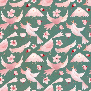 Sakura çiçekleri ve kuşlar farklı pozlarda, tek renkli el, turkuazın dikişsiz sınırını boyadı. Çocuk tasarımı, ambalaj kağıdı, kadın tekstil, atkı için mükemmel kaliteli pembe sanat