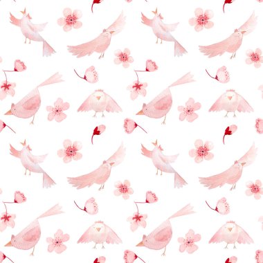 Sakura çiçekleri ve kuşlar farklı pozlarda, tek renkli el boyası suluboya deseni beyaza izole edilmiş. Çocuk tasarımı, ambalaj kağıdı ve kadın tekstili için mükemmel kaliteli pembe sanat eserleri.
