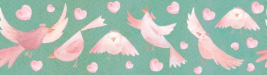 Birds flying, singing, and pink hearts, hand painted watercolor seamless border on turquoise. High quality pink clip art in cartoon style great for children products, wrapping paper, textile clipart