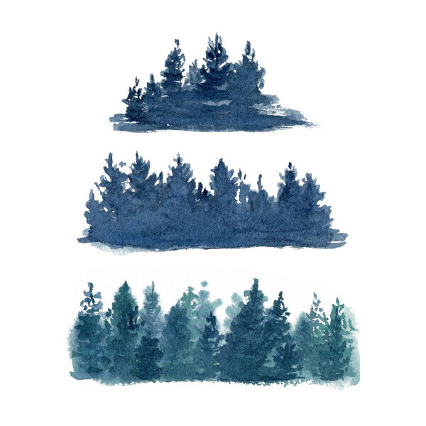 Spruce forest set isolated on white. Nature landscape design elements. High quality clip art perfect for cards, banners, posters, advertisements and guides decor. Blue winter background illustration.