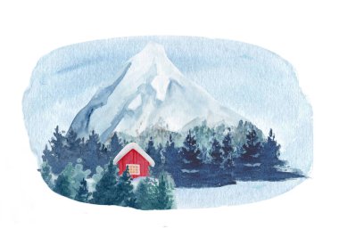 Kırmızı ahşap ev, ladin ormanı ve suluboya arka planda bir dağ manzarası. Doğa tasarımı. Kartlar, afişler, posterler, kitap dekorları için mükemmel bir klip sanatı. Kuzeyde kış.