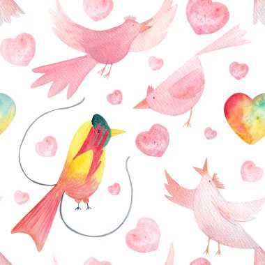 Cennet kuşları çizgi film karakterlerine aşık oldular, kalpler elle boyanmış sulu boya beyazı izole edilmiş. Kartlar, çocuk dekorasyonu, ambalaj kağıdı, Aziz Valentine için mükemmel. Aşk klipsi