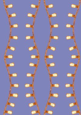 Jüt ipte açık hava tel ışıkları, menekşe arka planda dikey dikey dikey dikey desen. Elle boyanmış klipsli sanat. Çevre tasarımı, iç dekorasyon, kartlar, afiş için doğal yüksek kaliteli dizgi.