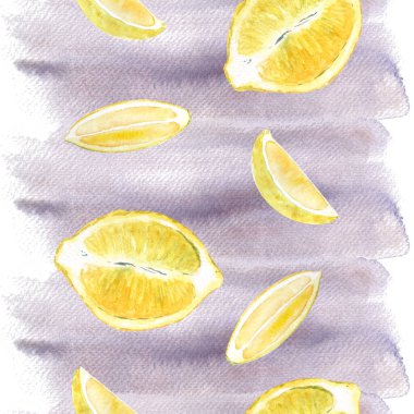 Limon yarı meyve ve iki dilim suluboya, beyaza izole edilmiş dikey sınır. Gıda tasarımı, yemek tarifi, yemek kitabı, paketler, yemek reklamları, etiket, logo ve dekor için yüksek kaliteli el çizimi sanatı