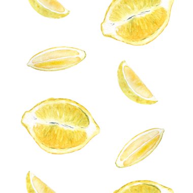 Limon yarı meyve ve iki dilim suluboya, beyaza izole edilmiş dikey sınır. Gıda tasarımı, yemek tarifi, yemek kitabı, paketler, yemek reklamları, etiket, logo ve dekor için yüksek kaliteli el çizimi sanatı