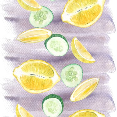 Limon ve salatalık suluboya mor arka planda dikey sınırsız suluboya dilimler. Yemek tasarımı, kozmetik ürünleri, yemek kitabı, paketler, menü, içki reklamları için yüksek kaliteli el çizimi sanatı