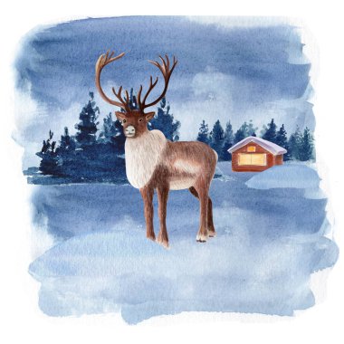 Reindeer in a snowy landscape with forest and a log cabin in background watercolor illustration. Hand drawn art perfect for cards, posters, books, home decor, for children products. Winter clip art. clipart