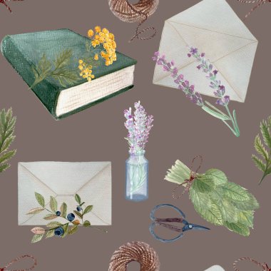 Mavi tansi, otlar, makas, kenevir ip, kitap ve zarf, beyaza izole edilmiş dikişsiz suluboya deseni. Elle boyanmış kaliteli sanat ambalaj kağıdı, paket, bitkisel üretim, mağaza için harika..