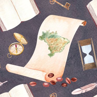 Siyah kahve çekirdekleri, pusula, gri arka planda suluboya şeklinde dikişsiz Brezilya haritası. El çizimleri paketler, kartlar, konteynırlar, kafe menüsü, reklamlar, etiketler ve logo tasarımı için harika. Macera.