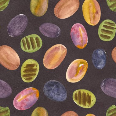 Kahverengi arka planda renksiz suluboya desenli zeytin. Yüksek kalite çizim. El boyası tasarımı ambalaj, yağ şişeleri, ambalaj kağıdı, yemek tarifleri, menü, kart dekorasyonu ve tasarım için harika..