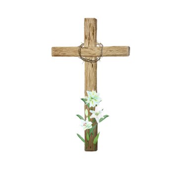 Dikenli ahşap haç ve beyaza izole edilmiş beyaz zambak suluboya bileşimi. Paskalya, Kutsal Perşembe, vaftiz töreni, düğün kartları, çıkartma tasarımı için mükemmel bir tasarım..