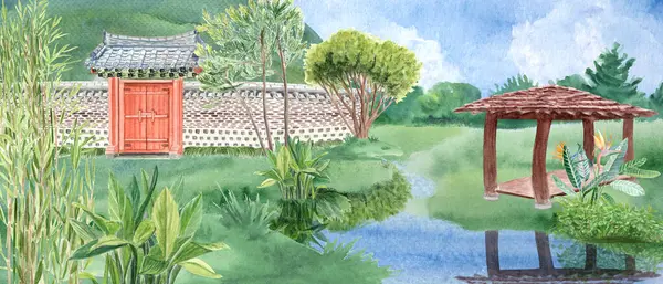 Göletli Asya tarzı bahçe, duvar kapıları, çardak, dekoratif bitkiler, suluboya resimler. El çizimleri kartlar, afişler ve posterler için mükemmel. Kore geleneksel yatay manzara klip sanatı.