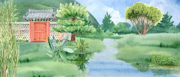 Asya tarzı kapılar, duvar, çam, bambu, dekoratif bitkiler, strelitzia suluboya resimleri. Kartlar, manzara tasarımı ve duvar kâğıdı için mükemmel bir el çizimi. Kore geleneksel bahçe klipsi sanatı.