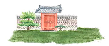 Çam ağaçları, çimen ve suluboya resimli Kore tarzı kapı. Kağıtlar, peyzaj tasarımı, çıkartmalar, afişler için mükemmel bir el yapımı öğe. Geleneksel mimari.