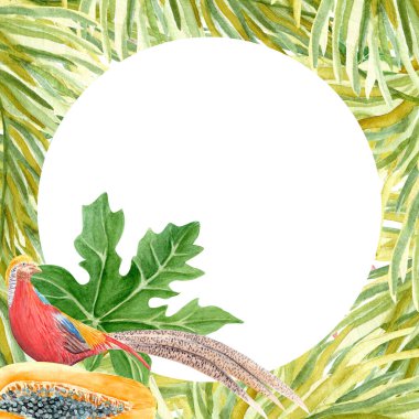 Altın sülün papaya palmiye yaprağı suluboya çerçeve beyaz üzerine izole. Kartlar, posterler, kırtasiye, dekorasyon tasarımı için mükemmel bir tasarım. Egzotik doğa yeşil ve sarı ataç sanatı.
