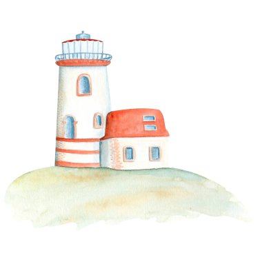 Deniz feneri suluboya çizimi beyaza izole edilmiş. Kartlar, afişler, reklamlar, posterler, dekorlar ve tasarım için el yapımı klipsler ideal. Turizm, seyahat, seyahat tasarımı. Beyaz ve kırmızı.
