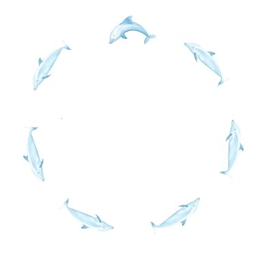 Yunusların suluboya yuvarlak çerçeveleri beyaza izole edilmiş. Not defterleri, posterler, kartlar, tabaklar, çıkartmalar, çantalar, çantalar, eko, deniz turizmi, oda dekorasyonu ve tasarım için mükemmel mavi monokromatik klip sanatı.