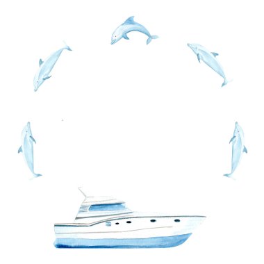 Yat yunusları suluboya yuvarlak çerçeve beyaza izole edilmiş. El boyama sanatı kartlar, afişler, reklamlar, davetiyeler, haritalar ve kitaplar için mükemmel. Seyahat, yolculuk tasarımı. Mavi beyaz monokrom