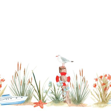 Yabani ot, martı, yat oyuncağı, denizyıldızı suluboya dikişsiz beyaz sınır. Elle boyanmış eko tasarım. Kart, tekstil, pankart, kitap tasarımı, sabit dekor için mükemmel bir tırmanış. Deniz kenarı.